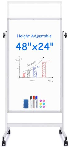maxtek Rolling White Board, 48 x 24 Height Adjustable Whiteboard on Wheels, Large Magnetic Standing Mobile Easel Board, Double-Sided with Stand for Office, Home, and Classroom