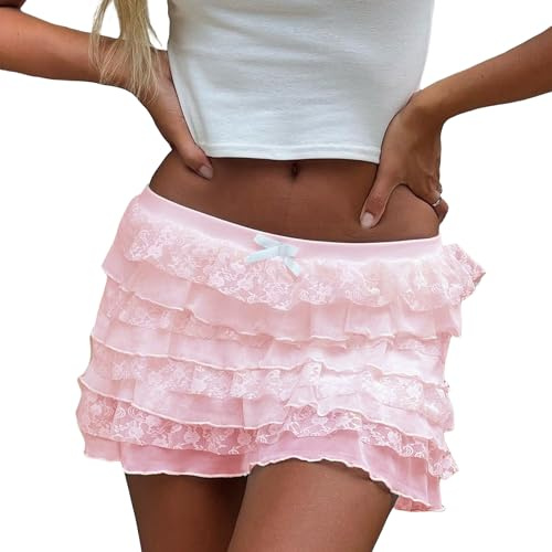 Nicoxijia Women's Y2K Lace Mini Skirt Low Rise Layered Ruffle Hem Flowy Short Skirt Summer Mesh Fairy Frilly Underskirt (C-Pink, S)