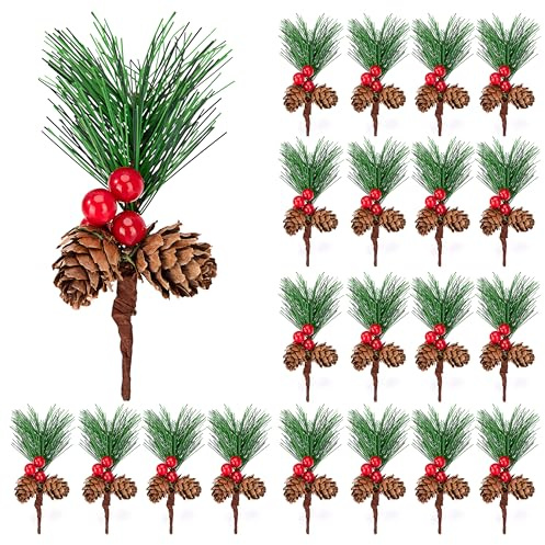 Jesustree 20 Pezzi Rami di Pino Abete Artificiale con Bacche Rosse e Pigne, Branches Decorazione Albero di Natale, per Ghirlanda Festiva, Natale Fai Da Te Festa Avvento