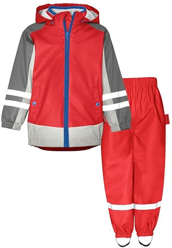 Playshoes regnset, tvådelad 3-i-1 regnjacka och regnbyxor, fleecefoder, Röd fleece linning, 86