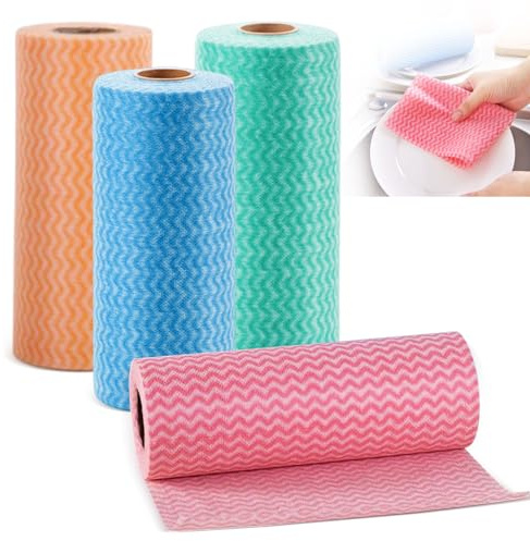 Wischtücher auf Rolle, 4 Rollen Wiederverwendbare J Cloth, Vliesstoffe Küchentücher Putztuch, Mehrzweck Wischtuch Rollen für Wohnküche Esstisch(Blau Grün Orange Rot)