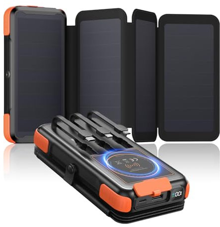 Fandealo-Power-Bank-25000mAh-Cargador-Solar - PD 20W Carga Rápida Batería Externa con 3 Cables y 4 Paneles Solares - PD QC 3.0 USB C Caricatore Portatile Inalámbrica para Smartphones, Camping