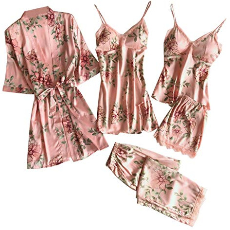 Body Robe Dentelle Sous-vêtements Pantalons Peignoir Pyjama Short Satin 5 pièces Ensemble de lingerie sexy, Rose, L