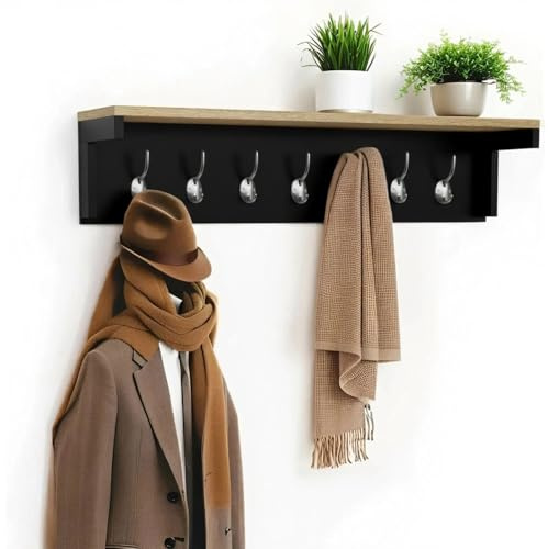 Taylor & Brown Wall Mounted Coat Rack Shelf with 7 Double Hooks Entryway Coat Hanger 80cm Wall Floating Shelf Hat Rack for Hallway Kitchen Bedroom Bathroom, Black