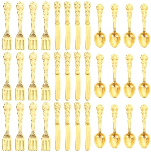 Abaodam Set de 36 Piezas de Cubiertos Mini de Aleación Dorada para Casa de Muñecas Modelo de Vajilla Micro para Decoración y Accesorios de Cocina en Miniatura Adecuado para Juguetes y