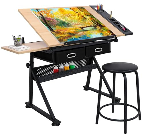 NOVA MICRODERMABRASION Adjustable Height Drafting Desk Drawing Table Tiltable Tabletop for Reading, Writing Art Craft w/Stool and Drawers