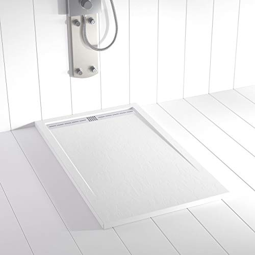 Plato de ducha Resina FLOW Blanco RAL 9003-70x140 – Textura Pizarra – Antideslizante – Incluye rejilla y sifón