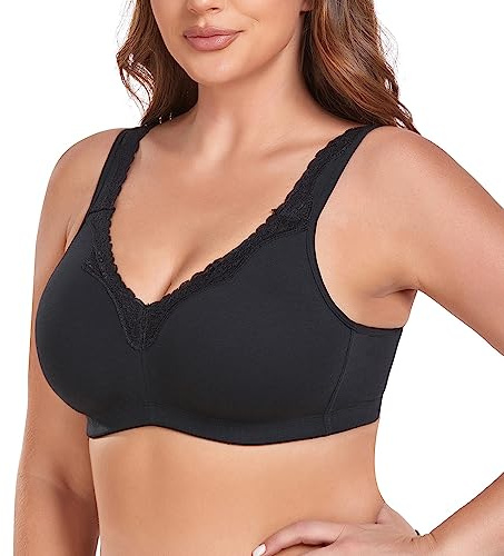 Ayigedu UK - Reggiseno da donna taglie forti, copertura completa, senza ferretto, non imbottito, minimizer, in cotone, Nero , 42