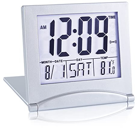 KANBIT Small Digital Travel Alarm Clock Battery Operated, Portable Large Number Display Loud Alarm Clock with Temperature, Night Backlight, 12/24 H Desk Clock -Silver (White Light)