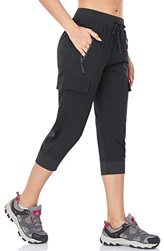 BAYGE Pantaloni da Trekking Estivi Leggeri e Traspiranti per Donna, Pantaloni Cargo 3/4, Resistenti all'Acqua e al Vento, Funzionali, Asciugatura Rapida, con Tasche con Cerniera, Nero, XS