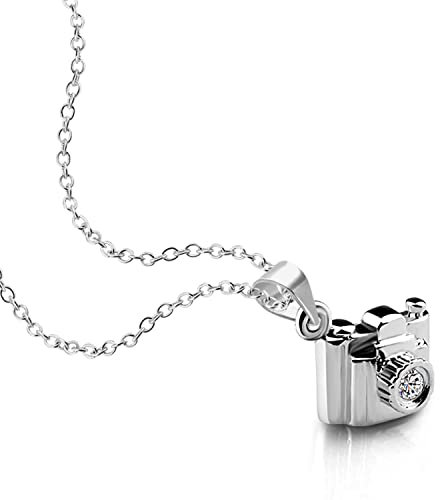 H&Beautimer 925 Sterling Silver Jewelry Cubic Zirconia Camera Pendant Necklace for Women 18'' Silver Chain Photographer Gifts Birthday Gifts, 18 Inch, Sterling Silver, Cubic Zirconia