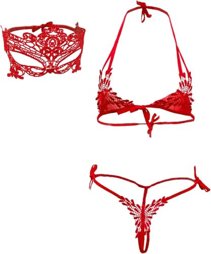 VicSec 2 Piece Lace Lingerie Self Tie Bra and Panty Set for Women Micro Bikini Sexy Mini Small Bra Halter Top and Strappy G-String Tiny Thong Babydoll with Lace Eye Mask for Party Photo Shoot(Red)