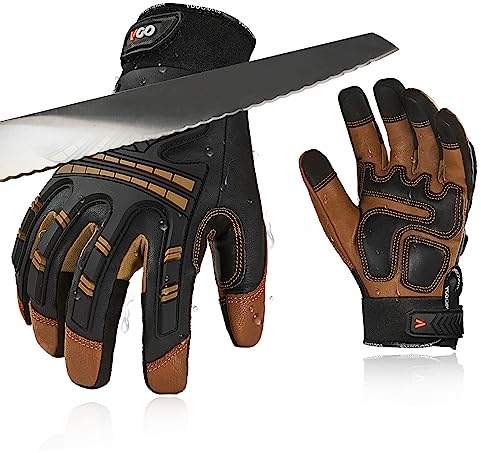 Vgo... Gants hydrofuges anti-vibrations,cuir de chevreau mécanicien lourd haute dextérité,anti-abrasion,écran tactile (GA8954IPA5,10/XL,Marron,1Paire)