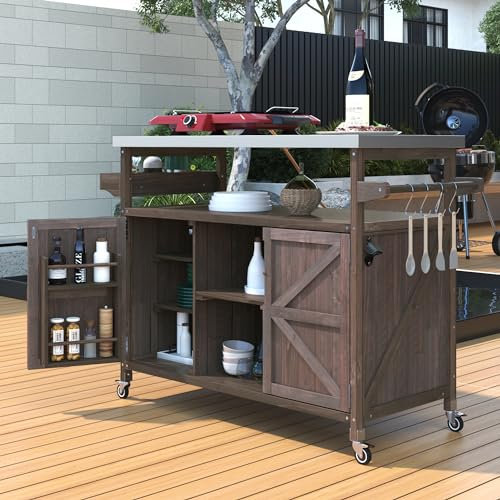 Jintop 50.25 Kitchen Island Rolling Bar Cart & Storage Cabinet, Farmhouse Solid Wood Outdoor Grill Table with Stainless Steel Top and Spice, Towel Rack for BBQ,Dark Brown