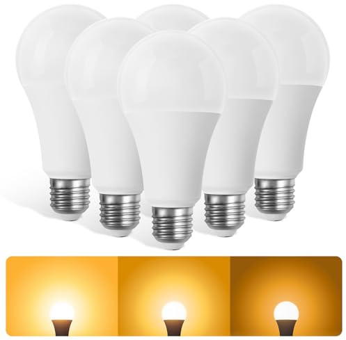 AUQUEE 15W 3-Stufen LED Warmweiss Dimmbar Glühbirne (ersetzt 120W), 1350LM, 2700K Warmweiß A70 LED Lampe, Dimmbar led Leuchtmittel CRI 80+, E27 Edison Birne, Lebensdauer über 20000h, 6er Pack