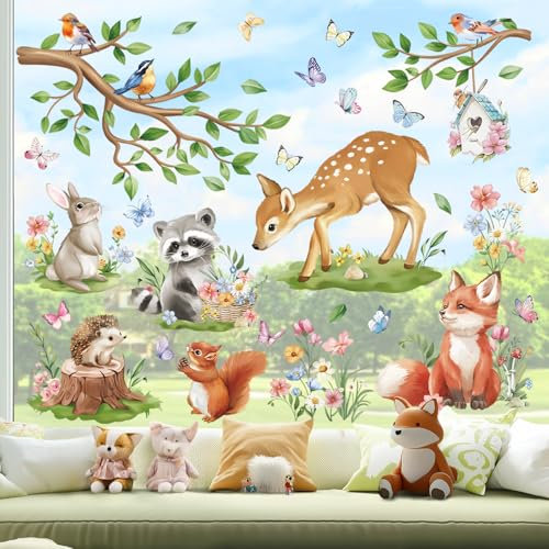 wondever Fenstersticker Frühling Tiere Fenster Aufkleber Waldtiere Hirsch Fuchs Vögel Fensterbilder Fensteraufkleber Anti-Kollision Doppelseitig Glasaufkleber Frühling Sommer Glas Deko