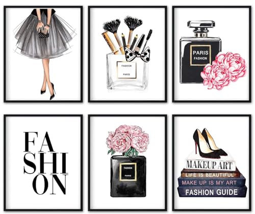 Fashion Woman Picture Wall Arts Black 6 Pack & Pink Fashionable Pictures Decorations Handbag Flower High Heels Cosmetics Prints Glam Paintings for Girls Bedroom Bathroom Decor 8x10Inches UNFRAMED
