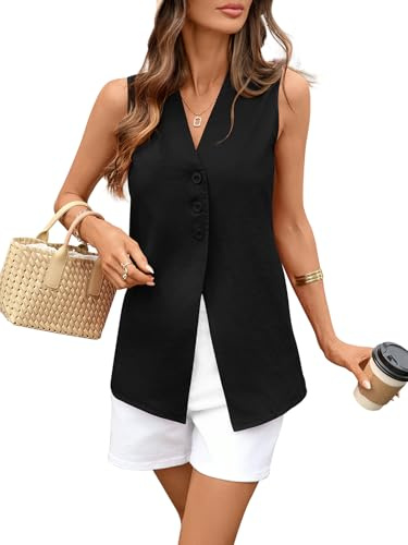 vinglam Women's Linen Cotton Vest Long V Neck Button Down Casual Suit Vest Black