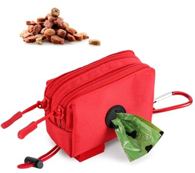 Dog Poop Bag Holder for Leashes, Red Doggie Waste Bag Dispenser and Treat Holder, with Carabiner Hook and Poop Bag Clip, Used Waterproof Wear-Resistant Fabric and 2 Zippered Pouches for Walking