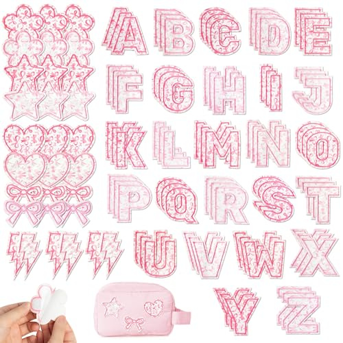ANGOLIO Self-Adhesive Letter Patches for Kids Bags, 108Pcs Pink Bow Bowknot A-Z Alphabet Appliques, Cute Fabric Letters Sticker Stick on Patches for Clothing Jackets Jeans Caps Cosmetic Bag Pillowcase