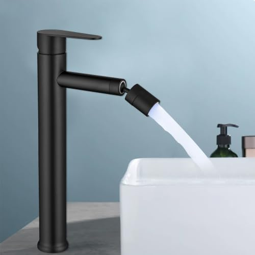 LIUGEYI Rubinetti miscelatore per lavabo da bagno alto, rubinetto da bagno rotondo mono, rubinetto miscelatore nero opaco a leva singola, rubinetto miscelatore per lavabo da appoggio per bagno