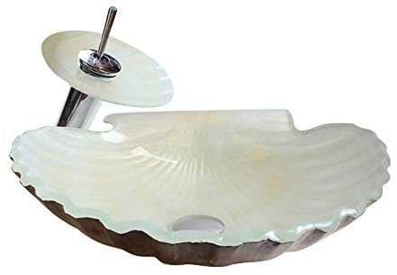 PUFAHAU Lavabo Artístico De Vidrio Templado, con Forma De Concha, Color Blanco Lechoso, sobre Encimera, Lavabo De Barco con Grifo Cascada Y Desagüe Automático para El Hogar.