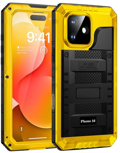 Lanhiem Cover per iPhone 16 IP68 Impermeabile, Cover Metallo Antiurto Militare con Pellicola Protettiva, 360° Completa Protezione Subacquea Antipolvere Custodia per iPhone 16, Giallo