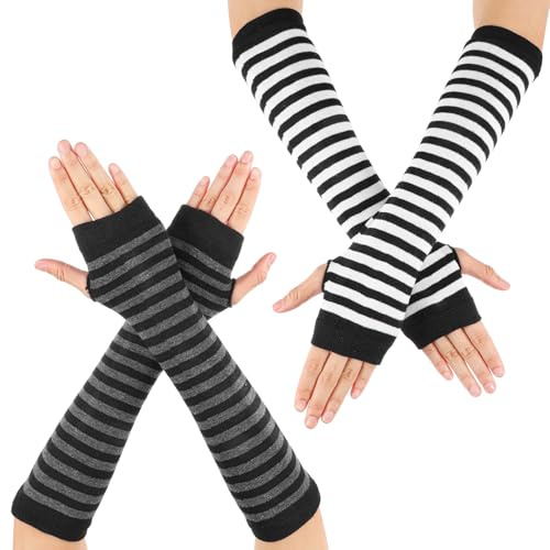 XLIUAX 2 Pair Striped Arm Warmers, Punk Gothic Striped Knitted Arm Warmers Fingerless Gloves, Harajuku Kawaii Warm Stretchy Knit Thumbhole Gloves for Women Men Office Typing Computer