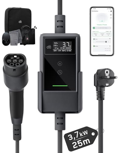 dé 3,7 kW elbilsladdare med app [25 m, 6–16 A] schuko laddkabel för elbil med väggfäste, digital LCD-laddare av typ 2, kompatibel med E-208, Model Y, E-Tech och andra elbilar/laddare med hybridteknik | Plug & Play, LCD-skärm, IP66, integrerad RCD typ A 30 mA + 6 mA DC, schuko elektrisk billaddare för EV/PHEV, svart