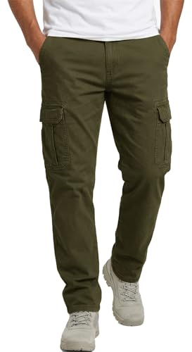 Runcati - Pantaloni da uomo, vestibilità regolare, stile cargo, tinta unita, casual, per il tempo libero, in cotone, con elastico in vita, con tasche, per sport all'aperto, verde militare, M