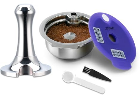 FOVNOT Reusable Coffee Pods for Bosch Tassimo, 220mL Stainless Steel Refillable Coffee Capsule with Silicone Lid and 51mm Tamper Compatible with Tassimo Happy, Vivy, Suny, My Way Series