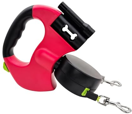 Correa para Perros para 2 Perros, Correa retráctil automática con Linterna y dispensador de Bolsillo, Doble Correa de Seguridad, Herramienta para Caminar para Perros pequeños y medianos (Rojo)
