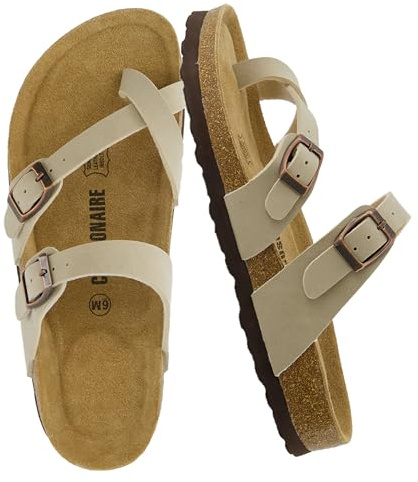 CUSHIONAIRE Luna Sandals for Women, Cork Footbed Womens Sandals for Summer Comfort with Adjustable Straps, Wide Width Available, STONE 6.5