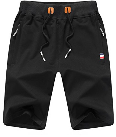 JustSun Short Sport Homme Running Coton Short de Sport Hommes avec Poches Zippées et Taille élastique Noir Medium