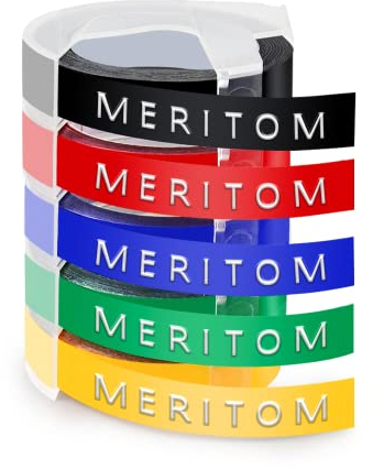 Meritom Kompatibel für DYMO Omega Prägeband 9mm Weiß auf Schwarz/Rot/Blau/Grün/Gelb für Dymo Junior Omega Prägegerät Etikettenband, für Dymo Omega Junior Etikettiergerät Beschriftungsgerät, 5er-Pack