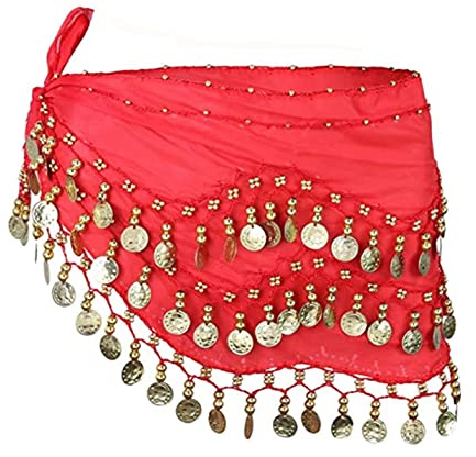 SamHeng Damen Bauchtanz Gürtel Chiffon Hüfttuch mit 128 Münzen für Mädchen Frau für Performance Kostüm und Yoga Kurs