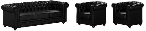 Vente-unique - Canapé 3 Places et 2 fauteuils Chesterfield - Simili Noir
