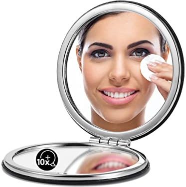 OMIRO Kompaktspiegel, Klassisches PU-Leder 1X/10X Vergrößerung, Tasche Ultra Portable für Geldbörsen und Reisen (Schwarz)