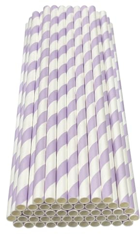 Haobase 50 cannucce di carta biodegradabili per bere cocktail, caffè, bevande fredde (motivo a strisce) (strisce bianche/viola chiaro)
