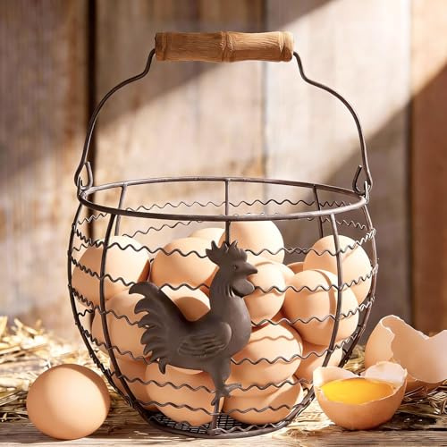 Wire Egg Basket for Gathering Fresh Eggs Collecting Basket With Handle,Rusty Chicken Decorated Small Chicken Egg Basket Vintage Style Eggs Holder Basket Countertop for Farmhouse Kitchen Decor