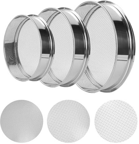 ZFYOUNG Lot de 3 tamis de sol avec maille de 5 mm, 3 mm, 1 mm – Tamis de jardin pour sable, terre, compost | Filtre à saleté en métal avec pelle pour jardinage, bonsaï, plage et gravier