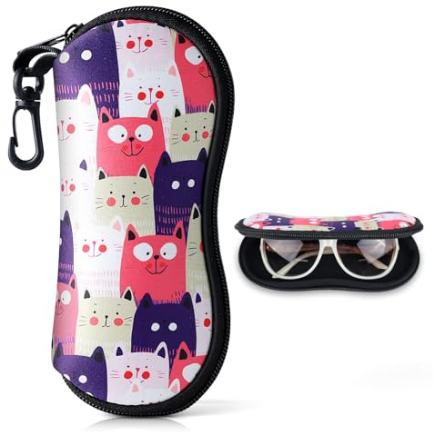 Etui Lunettes, Etui a Lunette Souple en Néoprène pour Femmes&Hommes, Porte Lunettes de Protection Rangement Lunettes de Soleil avec Fermeture Eclair, étui Lunettes avec Mousqueton (Rose,Tête Chat)