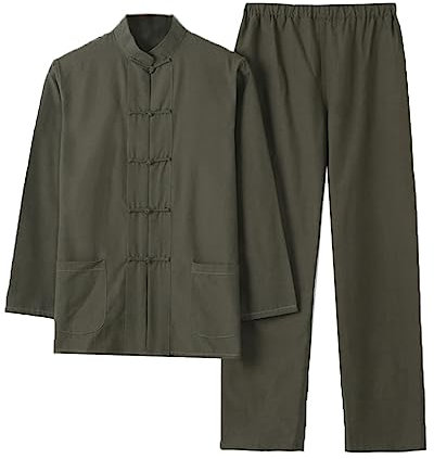 Chinesische Kleidung Tang-Anzug aus reiner Baumwolle, bequemer Kampfsportanzug for Herren, traditionelle Kleidung, atmungsaktive Kung-Fu-Uniformen, Tai-Chi-Kleidung, langärmliges Hemd und Hose(Green,L