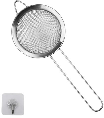 1 confezione piccolo colino in acciaio inox, filtro a maglia fine, con gancio da cucina, diametro 8 cm, colino da tè, colino da cucina con manico, ideale per succo, uova, tè, caffè, filtro farina