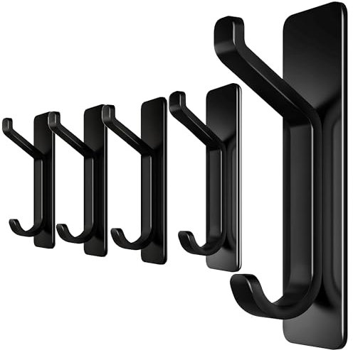 Menz Haken selbstklebend, 5er Set, Klebehaken extra stark aus Edelstahl, Kleiderhaken selbstklebend, flexibel Haken Garderobenhaken, platzsparende Handtuchhalter ohne Bohren, schwarz matt