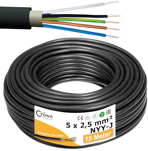 NYY-J 5x2,5mm² 15m Erdkabel Länge am Stück | Elektrokabel Ring für Verlegung im Erdreich & Außenbereich | Kupfer Eindrähtig DIN VDE 0276 Teil 603/627 | Deutsche Markenhersteller
