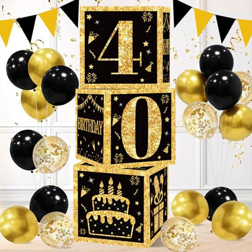 Scatole Decorative Per Il 40° Compleanno Di Uomo Donna, 3pezzi Oro Nero Scatole Per Palloncini 40 Anni Compleanno, Regalo 40 Anni Addobbi Compleano Da Festa, Decorazione Festa Oro Nero Per 40th