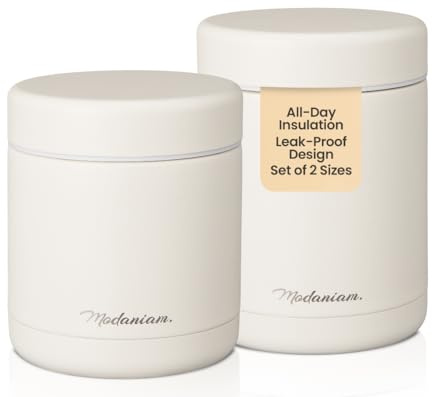 Modaniam Stainless Steel Insulated Food Jar Set of 2 (16oz + 12oz) | Wide Mouth | Hot Food Lunch Container | Thermal Lunch Box | Insulated Soup Bowl | Hot & Cold Lunch Box for Adults, Teens | Vanilla