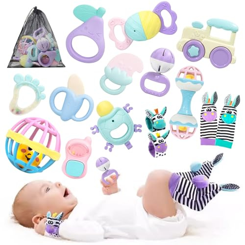 Dhnvcud Baby Toys for 0 3 6 9 12 Months Rattle Toys with Storage Bag, Newborn Toys for 0-12 Months Infant Toy Wrist Socks Set 0-6 Month Baby Teething Sensory Toy for Babies 6-18 Month Newborn Gift