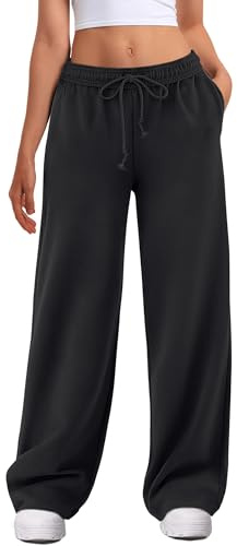 ATHMILE Women's Wide Leg Sweatpants High Waisted Baggy Interior Drawstring Joggers Straight Leg Sweat Pants with Pockets Black